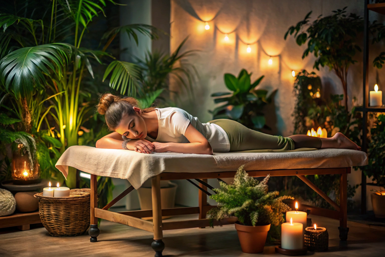 Eine Person liegt entspannt auf einer Massageliege in einem ruhigen Raum mit gedämpftem Licht und dezenten Pflanzen, während sanfte Hände den Rücken massieren, um Stressabbau zu symbolisieren
