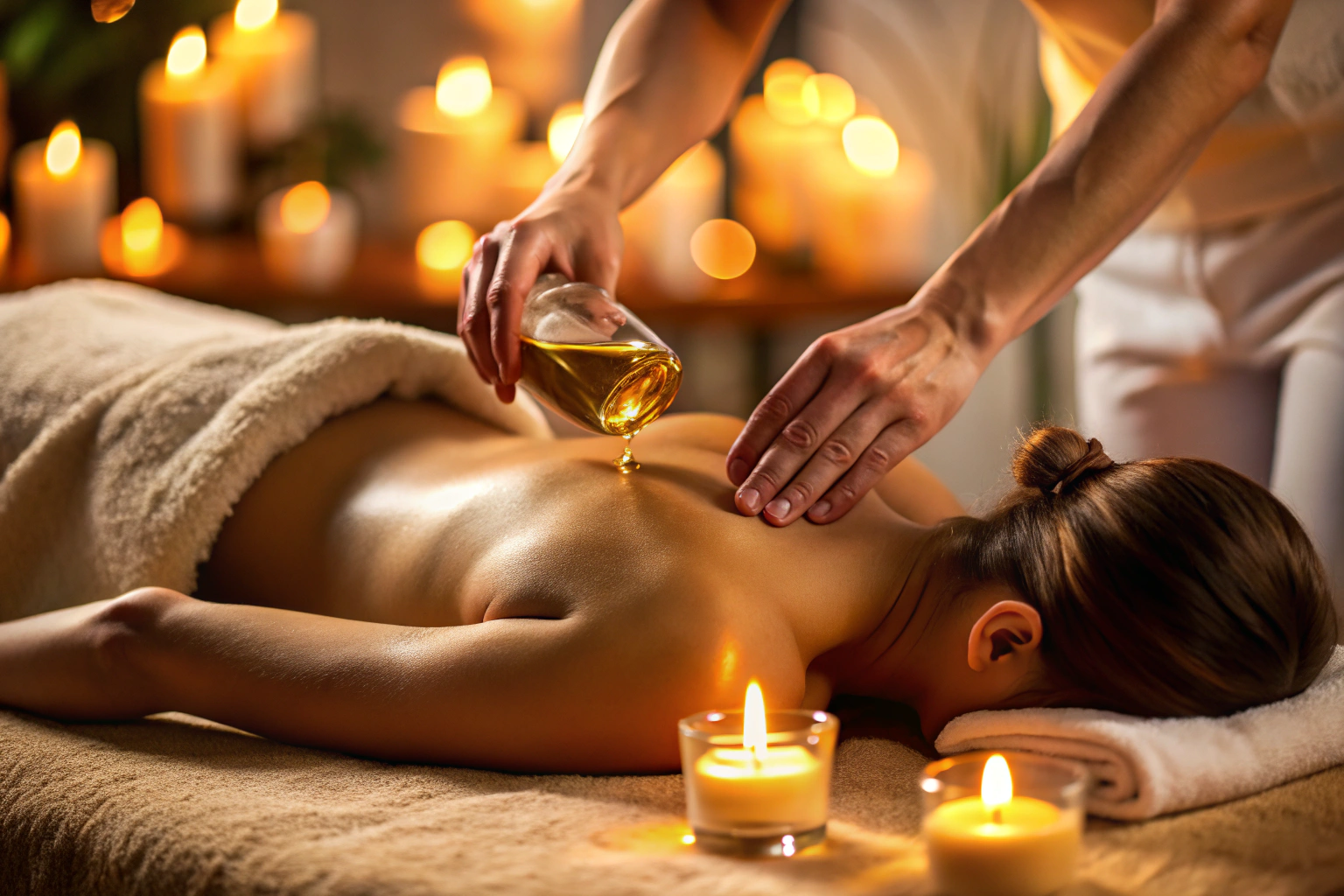 Eine Nahaufnahme von Händen, die sanft Öl auf einen entspannten Rücken während einer Schwedischen Massage auftragen, in einem warmen, gedämpften Licht mit weichen Tüchern im Hintergrund