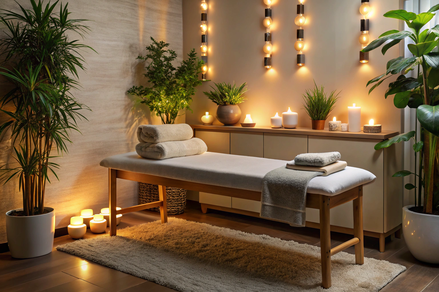 Ein ruhiger Behandlungsraum mit einem Massagetisch, weißen Tüchern, gedimmten Lichtern und dekorativen Steinen auf einem Sideboard, umgeben von sanften Pflanzen