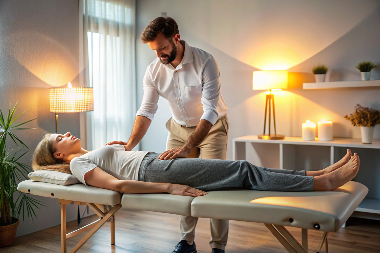 Eine Person liegt entspannt auf einer Massageliege, während ein Therapeut sanft Druck auf die Oberschenkelmuskulatur ausübt, in einem ruhigen Raum mit indirekter Beleuchtung